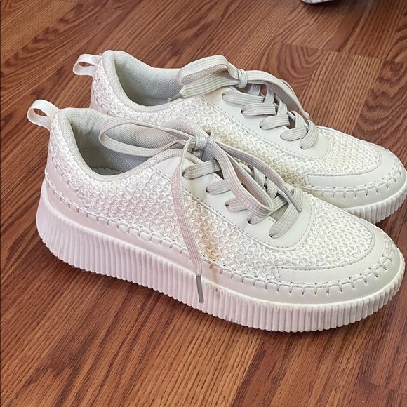 Catherine Malandrino Shoes - Catherine Malandrino Cream Woven Platform Lace-Up Sneakers